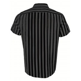 Camisa Casual Masculina de Verão Listrada - Manga Curta Leve com Botões, Listras Vermelhas e Brancas, Corte Regular, 95% Poliéster 5% Elastano, Tecido Respirável 119gsm, Lavável à Máquina para Escritório e Uso Semi-Formal, Gola Clássica, Conforto Elástico