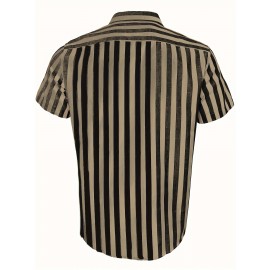 Camisa Casual Masculina de Verão Listrada - Manga Curta Leve com Botões, Listras Vermelhas e Brancas, Corte Regular, 95% Poliéster 5% Elastano, Tecido Respirável 119gsm, Lavável à Máquina para Escritório e Uso Semi-Formal, Gola Clássica, Conforto Elástico