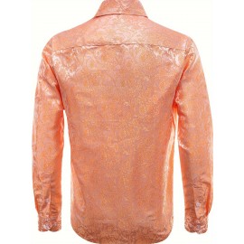 Camisa Masculina com Estampa Paisley, Camisa Elegante de Manga Comprida com Gola e Botões para Festa/Casamento/Baile Formal
