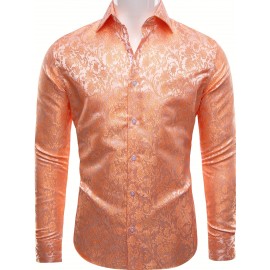 Camisa Masculina com Estampa Paisley, Camisa Elegante de Manga Comprida com Gola e Botões para Festa/Casamento/Baile Formal