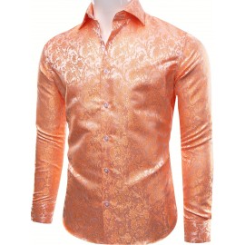 Camisa Masculina com Estampa Paisley, Camisa Elegante de Manga Comprida com Gola e Botões para Festa/Casamento/Baile Formal