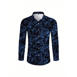 Camisa Social Masculina de Manga Longa com Estampa Floral Azul - Gola Pontuda e Fechamento de Um Botão, Lavável à Máquina para Primavera/Outono, Uso Casual ou Formal, Vestuário de Outono, Tecido Não Transparente, Material Durável, Design Clássico, Moda Ma