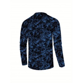 Camisa Social Masculina de Manga Longa com Estampa Floral Azul - Gola Pontuda e Fechamento de Um Botão, Lavável à Máquina para Primavera/Outono, Uso Casual ou Formal, Vestuário de Outono, Tecido Não Transparente, Material Durável, Design Clássico, Moda Ma