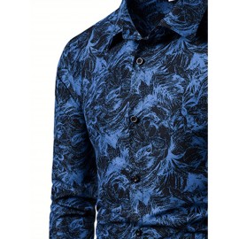 Camisa Social Masculina de Manga Longa com Estampa Floral Azul - Gola Pontuda e Fechamento de Um Botão, Lavável à Máquina para Primavera/Outono, Uso Casual ou Formal, Vestuário de Outono, Tecido Não Transparente, Material Durável, Design Clássico, Moda Ma