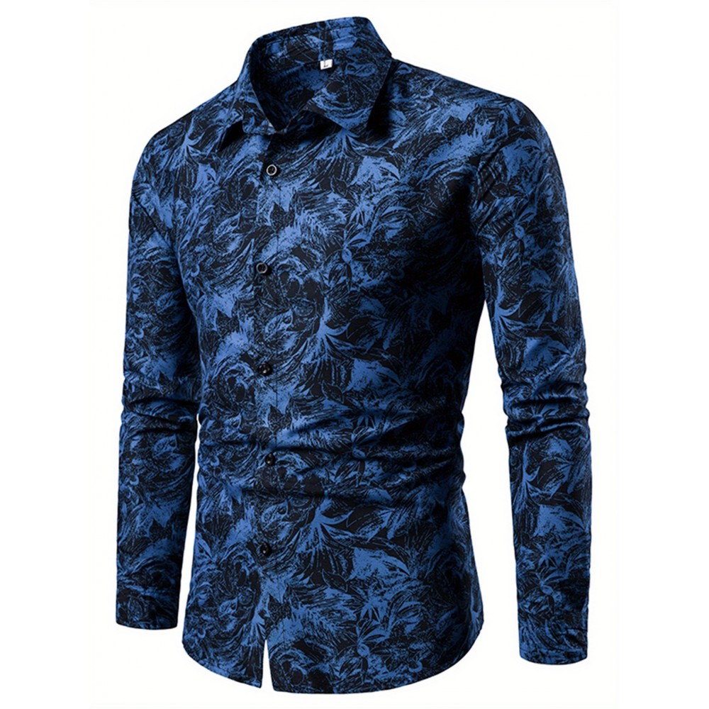 Camisa Social Masculina de Manga Longa com Estampa Floral Azul - Gola Pontuda e Fechamento de Um Botão, Lavável à Máquina para Primavera/Outono, Uso Casual ou Formal, Vestuário de Outono, Tecido Não Transparente, Material Durável, Design Clássico, Moda Ma