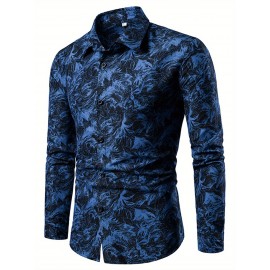 Camisa Social Masculina de Manga Longa com Estampa Floral Azul - Gola Pontuda e Fechamento de Um Botão, Lavável à Máquina para Primavera/Outono, Uso Casual ou Formal, Vestuário de Outono, Tecido Não Transparente, Material Durável, Design Clássico, Moda Ma