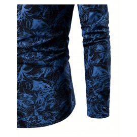 Camisa Social Masculina de Manga Longa com Estampa Floral Azul - Gola Pontuda e Fechamento de Um Botão, Lavável à Máquina para Primavera/Outono, Uso Casual ou Formal, Vestuário de Outono, Tecido Não Transparente, Material Durável, Design Clássico, Moda Ma