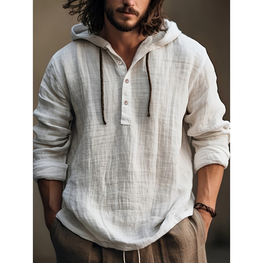 Camisa de algodão para homem, primavera e outono, com capuz, manga comprida, casual e confortável para uso diário.