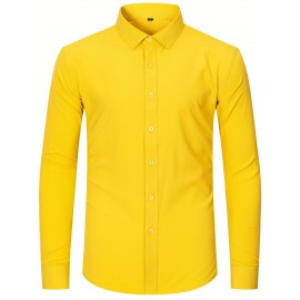 Camisas de vestir masculinas, sólidas, de manga comprida, elásticas, sem rugas, camisa formal, camisas de botão casual para negócios