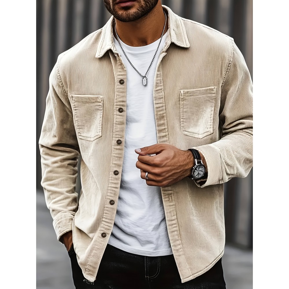 Outono Venda Quente Masculino Manga Longa Tamanho Grande Solto Casual Retro Camisa de Veludo Botão Dobra de Bolso Duplo Exterior Masculino Top Jaqueta