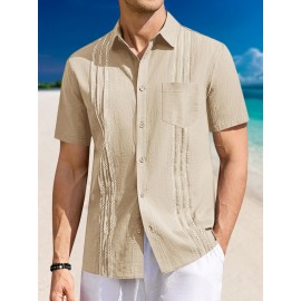 Camisa Guayabera de Linho Leve para Homens [Tecido Respirável] - Manga Curta com Botões, Roupa de Praia de Verão Respirável com Bolsos no Peito, Design Elegante de Cor Sólida para Ocasiões Casuais ou Formais