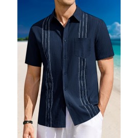 Camisa Guayabera de Linho Leve para Homens [Tecido Respirável] - Manga Curta com Botões, Roupa de Praia de Verão Respirável com Bolsos no Peito, Design Elegante de Cor Sólida para Ocasiões Casuais ou Formais