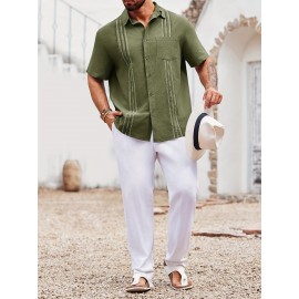 Camisa Guayabera de Linho Leve para Homens [Tecido Respirável] - Manga Curta com Botões, Roupa de Praia de Verão Respirável com Bolsos no Peito, Design Elegante de Cor Sólida para Ocasiões Casuais ou Formais