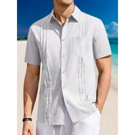 Camisa Guayabera de Linho Leve para Homens [Tecido Respirável] - Manga Curta com Botões, Roupa de Praia de Verão Respirável com Bolsos no Peito, Design Elegante de Cor Sólida para Ocasiões Casuais ou Formais
