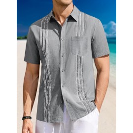 Camisa Guayabera de Linho Leve para Homens [Tecido Respirável] - Manga Curta com Botões, Roupa de Praia de Verão Respirável com Bolsos no Peito, Design Elegante de Cor Sólida para Ocasiões Casuais ou Formais