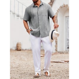 Camisa Guayabera de Linho Leve para Homens [Tecido Respirável] - Manga Curta com Botões, Roupa de Praia de Verão Respirável com Bolsos no Peito, Design Elegante de Cor Sólida para Ocasiões Casuais ou Formais