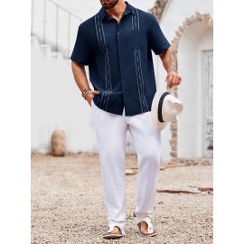 Camisa Guayabera de Linho Leve para Homens [Tecido Respirável] - Manga Curta com Botões, Roupa de Praia de Verão Respirável com Bolsos no Peito, Design Elegante de Cor Sólida para Ocasiões Casuais ou Formais