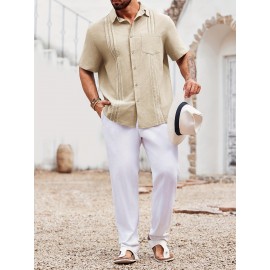 Camisa Guayabera de Linho Leve para Homens [Tecido Respirável] - Manga Curta com Botões, Roupa de Praia de Verão Respirável com Bolsos no Peito, Design Elegante de Cor Sólida para Ocasiões Casuais ou Formais