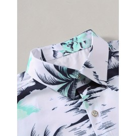 Camisa casual de verão para homem - Estampa de palmeira tropical, ajuste solto, manga curta, botões, tecido respirável com design de controlo de barriga, lavável à máquina, adequada para férias na praia e saídas casuais, estilo confortável, impressão esse