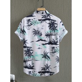 Camisa casual de verão para homem - Estampa de palmeira tropical, ajuste solto, manga curta, botões, tecido respirável com design de controlo de barriga, lavável à máquina, adequada para férias na praia e saídas casuais, estilo confortável, impressão esse