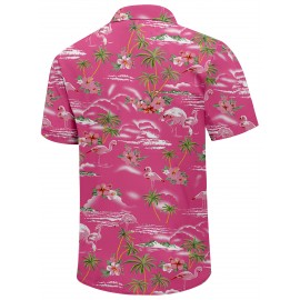 Camisa Havaiana Masculina com Estampa Floral Tropical - Rosa Vibrante de Manga Curta com Botões - Camisa para Férias na Praia com Estampa de Flamengo e Palmeira, Leve em 100% Poliéster, Perfeita para Escapadelas de Verão