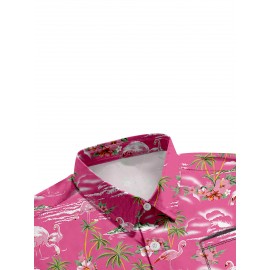 Camisa Havaiana Masculina com Estampa Floral Tropical - Rosa Vibrante de Manga Curta com Botões - Camisa para Férias na Praia com Estampa de Flamengo e Palmeira, Leve em 100% Poliéster, Perfeita para Escapadelas de Verão