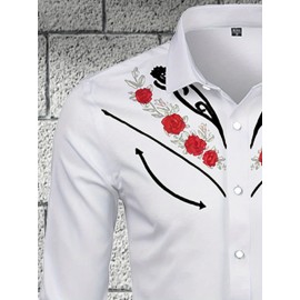 Camisa Masculina de Manga Longa com Estampa Floral - Padrão Rosa Vermelha e Folhas Verdes, Gola Pontuda, Punhos de Um Botão, Lavável à Máquina para Primavera/Outono, Casual ou Festa, Moda Ocidental, Tecido Confortável, Top Estampado, Para Amantes do Estil