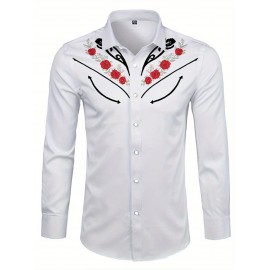 Camisa Masculina de Manga Longa com Estampa Floral - Padrão Rosa Vermelha e Folhas Verdes, Gola Pontuda, Punhos de Um Botão, Lavável à Máquina para Primavera/Outono, Casual ou Festa, Moda Ocidental, Tecido Confortável, Top Estampado, Para Amantes do Estil