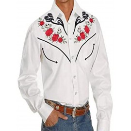 Camisa Masculina de Manga Longa com Estampa Floral - Padrão Rosa Vermelha e Folhas Verdes, Gola Pontuda, Punhos de Um Botão, Lavável à Máquina para Primavera/Outono, Casual ou Festa, Moda Ocidental, Tecido Confortável, Top Estampado, Para Amantes do Estil