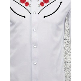 Camisa Masculina de Manga Longa com Estampa Floral - Padrão Rosa Vermelha e Folhas Verdes, Gola Pontuda, Punhos de Um Botão, Lavável à Máquina para Primavera/Outono, Casual ou Festa, Moda Ocidental, Tecido Confortável, Top Estampado, Para Amantes do Estil