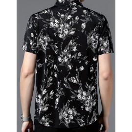 Camisa de manga curta com estampado floral para homem - Leve, casual, de corte largo, com decote quadrado e botões dourados, design preto e branco para uso diário e formal, roupa masculina versátil, estilo elegante, textura suave