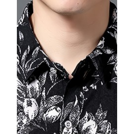 Camisa de manga curta com estampado floral para homem - Leve, casual, de corte largo, com decote quadrado e botões dourados, design preto e branco para uso diário e formal, roupa masculina versátil, estilo elegante, textura suave