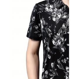 Camisa de manga curta com estampado floral para homem - Leve, casual, de corte largo, com decote quadrado e botões dourados, design preto e branco para uso diário e formal, roupa masculina versátil, estilo elegante, textura suave