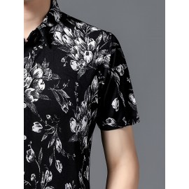 Camisa de manga curta com estampado floral para homem - Leve, casual, de corte largo, com decote quadrado e botões dourados, design preto e branco para uso diário e formal, roupa masculina versátil, estilo elegante, textura suave