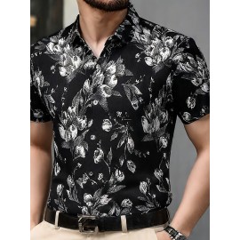 Camisa de manga curta com estampado floral para homem - Leve, casual, de corte largo, com decote quadrado e botões dourados, design preto e branco para uso diário e formal, roupa masculina versátil, estilo elegante, textura suave