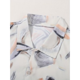 Nova camisa de manga curta bege para homem, com estampa de tinta, botões de bolso, top casual de verão