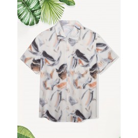Nova camisa de manga curta bege para homem, com estampa de tinta, botões de bolso, top casual de verão