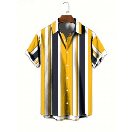 Camisa Masculina Leve de Verão - Listras Horizontais Amarelas e Azul Marinho, Gola com Botões para Praia, Escritório ou Casual - Lavável na Máquina, Tecido Não Transparente, Ideal para Viagens e Uso Diário