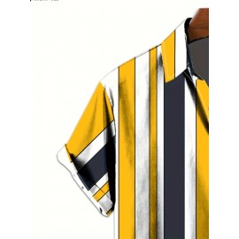 Camisa Masculina Leve de Verão - Listras Horizontais Amarelas e Azul Marinho, Gola com Botões para Praia, Escritório ou Casual - Lavável na Máquina, Tecido Não Transparente, Ideal para Viagens e Uso Diário