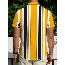 Camisa Masculina Leve de Verão - Listras Horizontais Amarelas e Azul Marinho, Gola com Botões para Praia, Escritório ou Casual - Lavável na Máquina, Tecido Não Transparente, Ideal para Viagens e Uso Diário