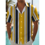 Camisa Masculina Leve de Verão - Listras Horizontais Amarelas e Azul Marinho, Gola com Botões para Praia, Escritório ou Casual - Lavável na Máquina, Tecido Não Transparente, Ideal para Viagens e Uso Diário
