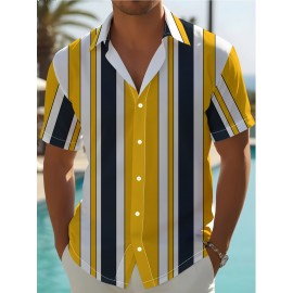 Camisa Masculina Leve de Verão - Listras Horizontais Amarelas e Azul Marinho, Gola com Botões para Praia, Escritório ou Casual - Lavável na Máquina, Tecido Não Transparente, Ideal para Viagens e Uso Diário