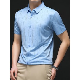 Camisa Masculina de Manga Curta Estampada para o Verão - Estilo Casual Executivo, Tecido Leve e Respirável com Listras Verticais, Gola Pontuda Clássica & Punho com Um Botão, Corte Regular para Escritório e Passeios, Camisas Fofas para o Verão, Tecido Não 