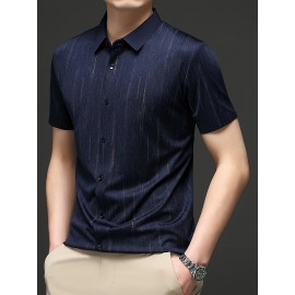 Camisa Masculina de Manga Curta Estampada para o Verão - Estilo Casual Executivo, Tecido Leve e Respirável com Listras Verticais, Gola Pontuda Clássica & Punho com Um Botão, Corte Regular para Escritório e Passeios, Camisas Fofas para o Verão, Tecido Não 