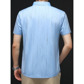 Camisa Masculina de Manga Curta Estampada para o Verão - Estilo Casual Executivo, Tecido Leve e Respirável com Listras Verticais, Gola Pontuda Clássica & Punho com Um Botão, Corte Regular para Escritório e Passeios, Camisas Fofas para o Verão, Tecido Não 