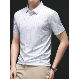 Camisa Masculina de Manga Curta Estampada para o Verão - Estilo Casual Executivo, Tecido Leve e Respirável com Listras Verticais, Gola Pontuda Clássica & Punho com Um Botão, Corte Regular para Escritório e Passeios, Camisas Fofas para o Verão, Tecido Não 