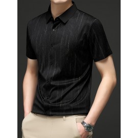 Camisa Masculina de Manga Curta Estampada para o Verão - Estilo Casual Executivo, Tecido Leve e Respirável com Listras Verticais, Gola Pontuda Clássica & Punho com Um Botão, Corte Regular para Escritório e Passeios, Camisas Fofas para o Verão, Tecido Não 