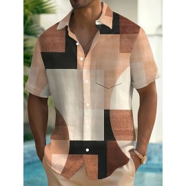 Camisa de manga curta com padrão geométrico vintage para homem, com estampa de verão casual leve e respirável para a praia, com impressão estrangeira.