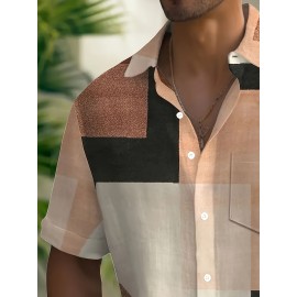Camisa de manga curta com padrão geométrico vintage para homem, com estampa de verão casual leve e respirável para a praia, com impressão estrangeira.