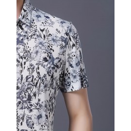 Camisa de manga curta com estampa floral para homem, leve e com botões, com decote quadrado e detalhe de nó, ajuste regular para adultos, roupa casual de verão | Camisa com detalhe de nó | Detalhe de nó